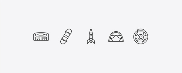 toys outline icon set. thin line piano toy, skate toy, tent toy, steering wheel icons. editable vector © Farahim
