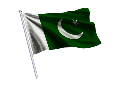 Waving flag of Pakistan on a flagpole, isolated on a white background, 3d rendering, 3d illustration.