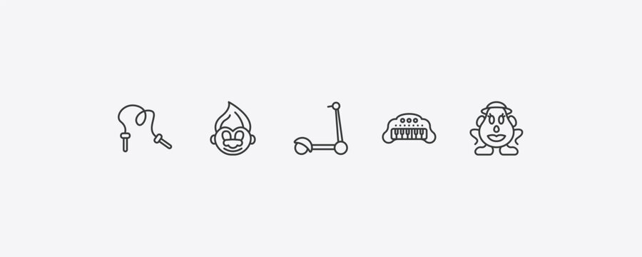 toys outline icon set. thin line skipping rope toy, troll toy, keyboard toy, mrs potato icons. editable vector