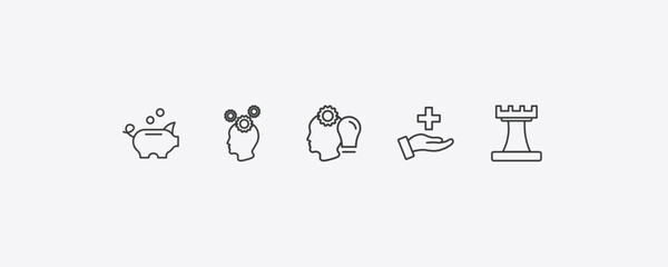 startup stategy and outline icon set. thin line piggybank, strategy thought, care, rook icons. editable vector © Farahim