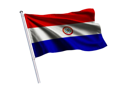 Waving flag of Paraguay on a flagpole, isolated on a white background, 3d rendering, 3d illustration.