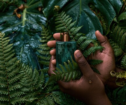 Lush green monstera and fern leaves surrounding person holding a perfume bottle for botanical beauty branding, luxury wellness packaging and natural skincare advertising