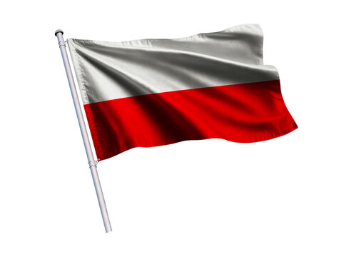 Waving flag of Poland on a flagpole, isolated on a white background, 3d rendering, 3d illustration.
