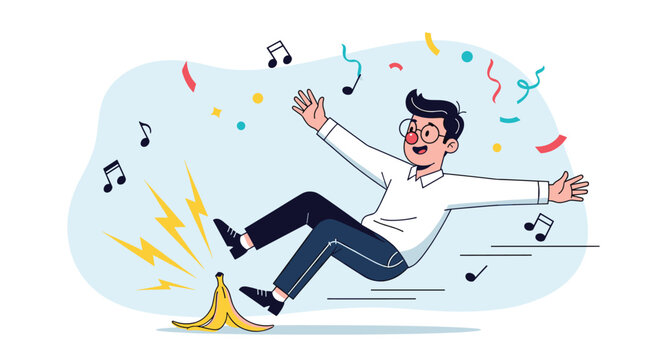 Humorous scene of a man wearing a red clown nose slipping on a yellow banana peel with music notes flying around.