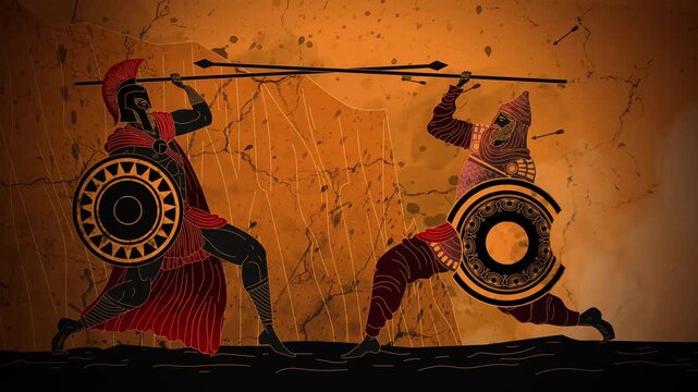 spartan warrior fighting persian soldier at thermopylae in greek amphora style