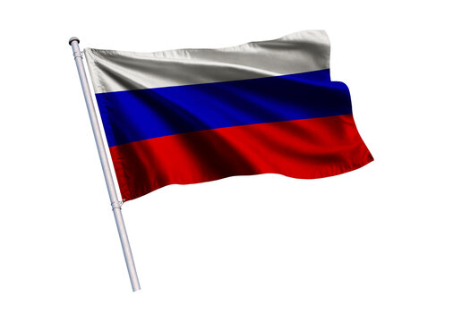 Waving flag of Russia on a flagpole, isolated on a white background, 3d rendering, 3d illustration.