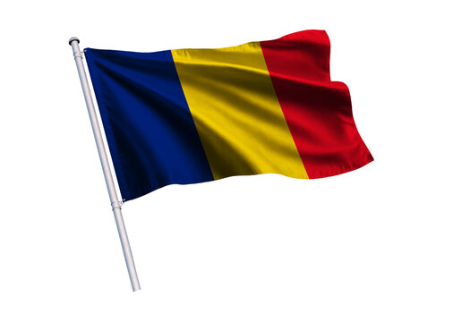Waving flag of Romania on a flagpole, isolated on a white background, 3d rendering, 3d illustration.