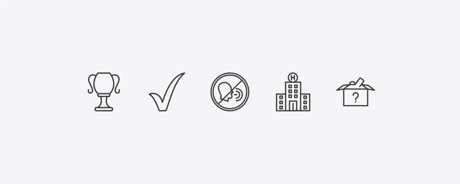 signs outline icon set. thin line classroom cup, tick, hospital, lost items icons. editable vector