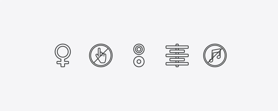 signs outline icon set. thin line female, do not touch, align center, no music icons. editable vector