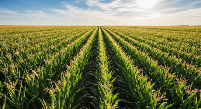 A vast expanse of green cornfields stretching out into the horizon under a clear blue sky, with a few clouds scattered across the sky.