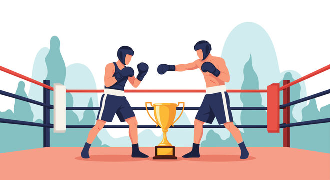 Two boxers fighting in a ring with a gold trophy in the center against an outdoor park and mountain landscape.