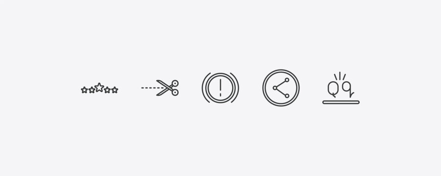 shapes outline icon set. thin line 5 stars, cut here, net contents, letter glow effect icons. editable vector