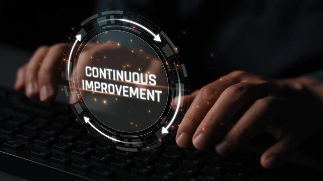 Hands Typing on Keyboard with Digital Overlay Symbolizing Continuous Improvement Concept in a Modern Work Environment Sigmoid