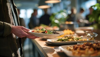 Obraz premium Person serving themselves a variety of colorful dishes from a buffet table at an office event, showcasing diverse textures and fresh ingredients