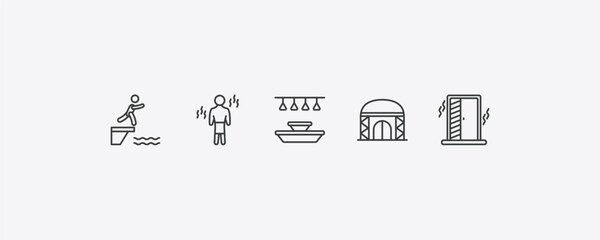 sauna outline icon set. thin line adrenalin rush, vascular workout, yurt, irish steam bath icons. editable vector © Farahim