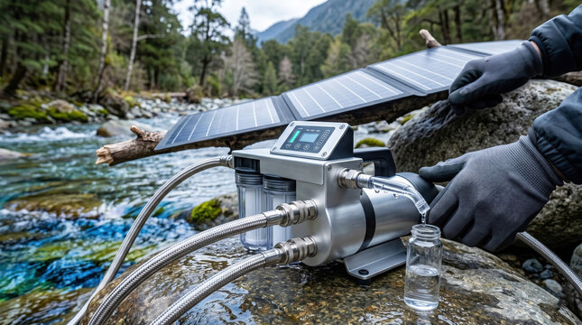 Portable solar-powered water purification system operating in a natural environment