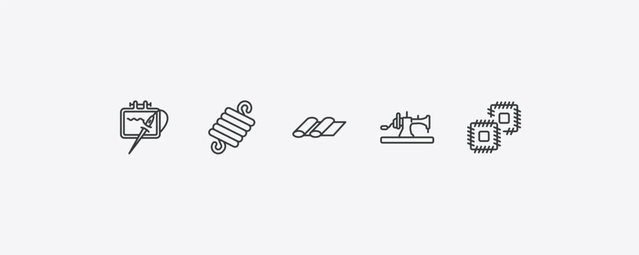 sew outline icon set. thin line needlework, wire coil, old sewing hine, patch icons. editable vector