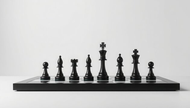 Minimalist chess set with king and queen pieces in tactical formation on dark board
