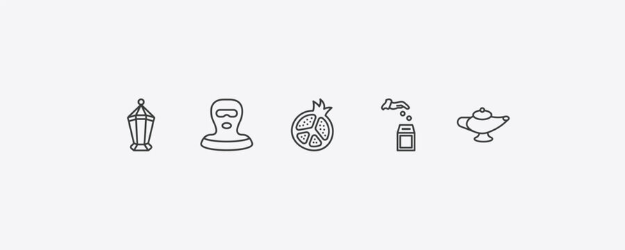 religion outline icon set. thin line islamic lantern, , sadaqah charity, arabian magic lamp icons. editable vector