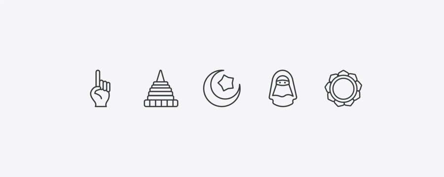 religion outline icon set. thin line one god, doi suthep, hijab veil, buddhism icons. editable vector