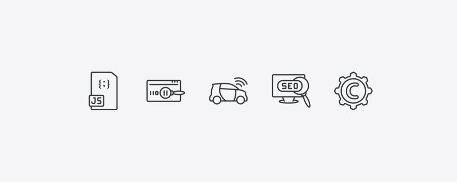 seo outline icon set. thin line js, code review, visibility, copyright icons. editable vector
