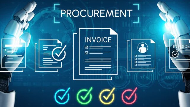 Futuristic Robotic Hands Managing Procurement Process with Checklists and Invoices in a Digital Environment for Efficient Business Operations Gluon.