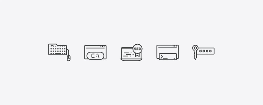 programming outline icon set. thin line keyboard and mouse, command, code terminal, seo keywords icons. editable vector