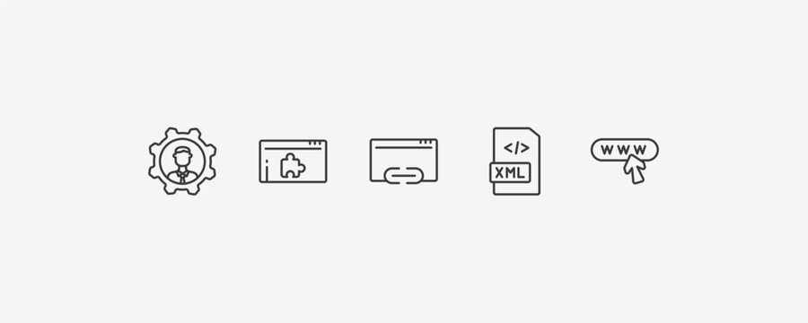 programming outline icon set. thin line seo management, plugin, xml, web domain icons. editable vector