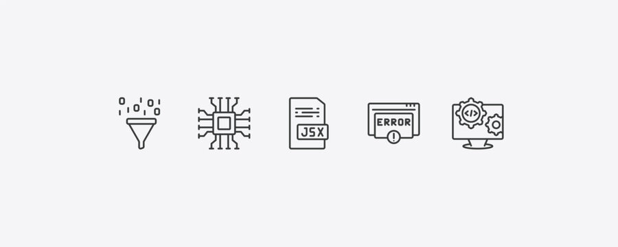 programming outline icon set. thin line seo funnel, hardware, error, engineering icons. editable vector