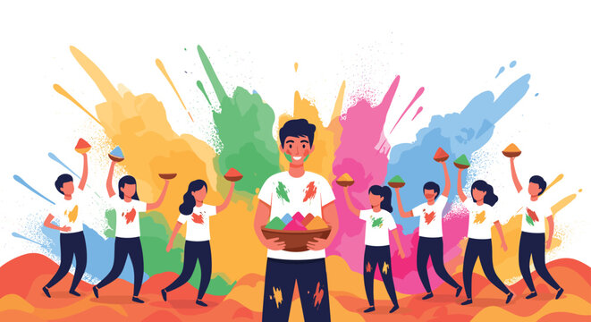 Vibrant Holi festival celebration with people throwing colorful powder and dancing in a rainbow of paint splashes.