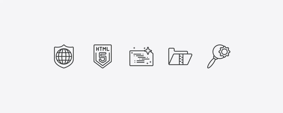 seo outline icon set. thin line secured network, html5, archive, search icons. editable vector