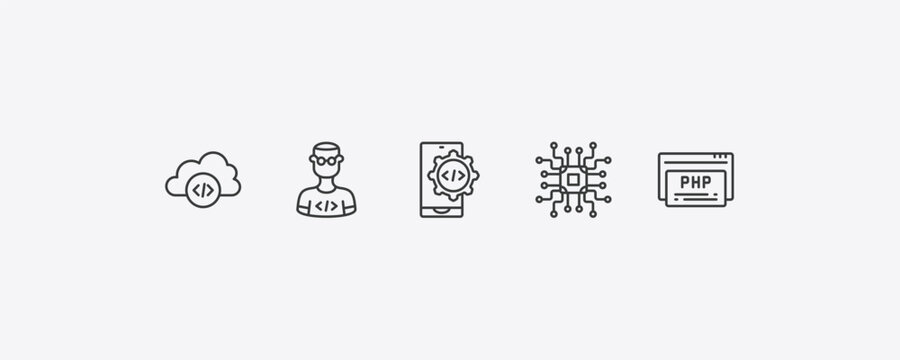 programming outline icon set. thin line cloud storage, developer, microchip, php icons. editable vector