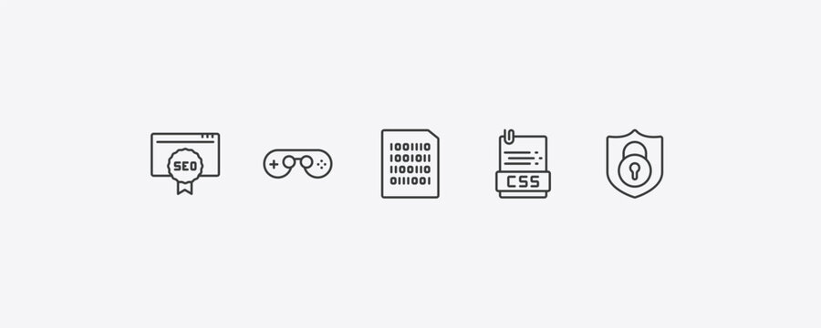 seo outline icon set. thin line seo ranking, console, css file format, encryption icons. editable vector