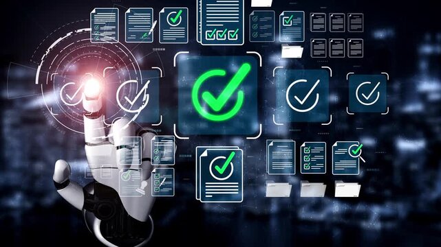 Futuristic robotic hand interacting with digital checkmarks and documents, symbolizing automation, approval processes, and advanced technology in modern office settings Sigmoid