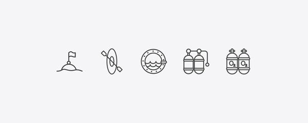 nautical outline icon set. thin line buoys, one kayak, double air tank, oxygen tank icons. editable vector © Farahim