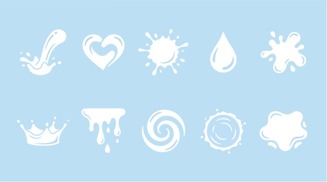White milk splash icons set, liquid yogurt drops and cream splatters, 10 organic dairy product vector elements on blue background