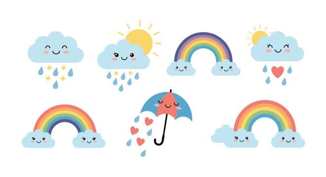 Collection of cute and smiling weather icons featuring rainbows clouds with raindrops sun and an umbrella with heart shapes.