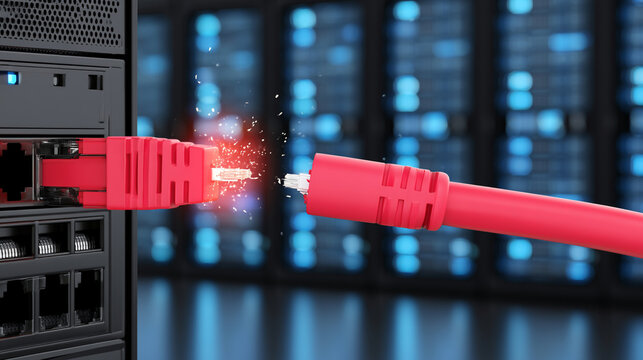 Broken trunk cable in server infrastructure emphasizing data connection failure disconnect
