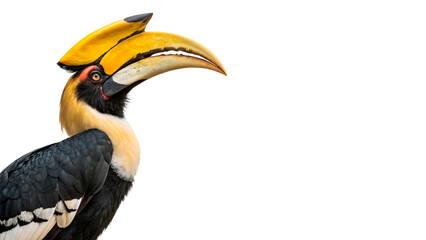 Beautiful exotic black and yellow great hornbill bird sitting alertly with a large distinct beak on transparent background © Anatoli