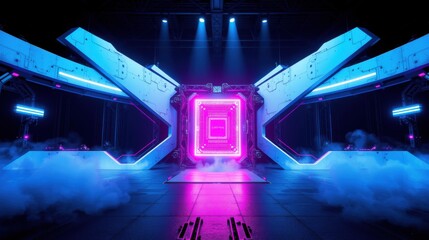 Obraz premium Futuristic corridor glows with vibrant neon lights. Smoke fills space creating dramatic effect. Geometric shapes dominate design.