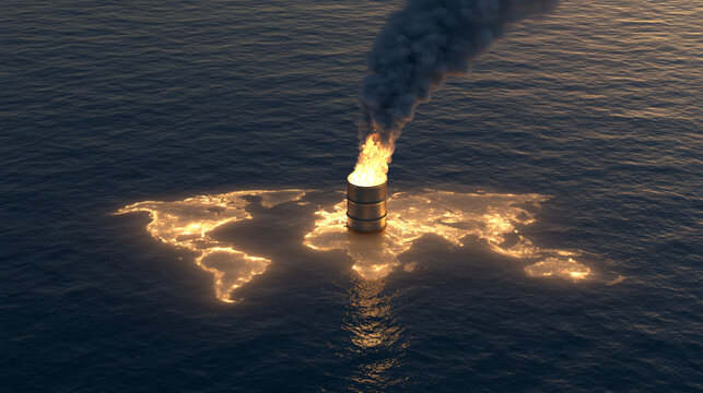 Burning oil barrel floating on ocean with glowing world map backdrop
