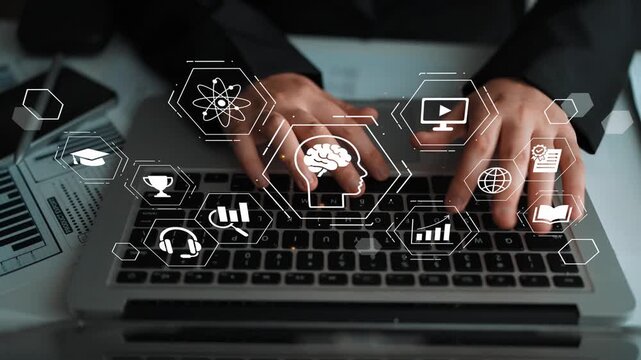 Hands typing on laptop keyboard with digital icons displaying technology, education, science, data, research, and creativity concepts in modern workspace Gluon.