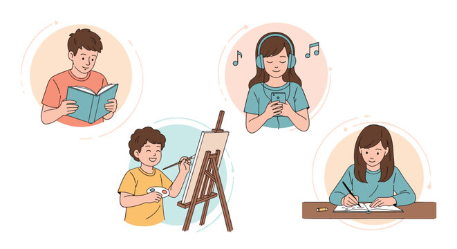Four circular panels showing children enjoying different hobbies like reading painting listening to music and writing.