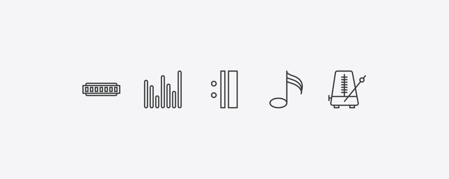 music and media outline icon set. thin line harmonica, sound bars, demisemiquaver, metronome icons. editable vector