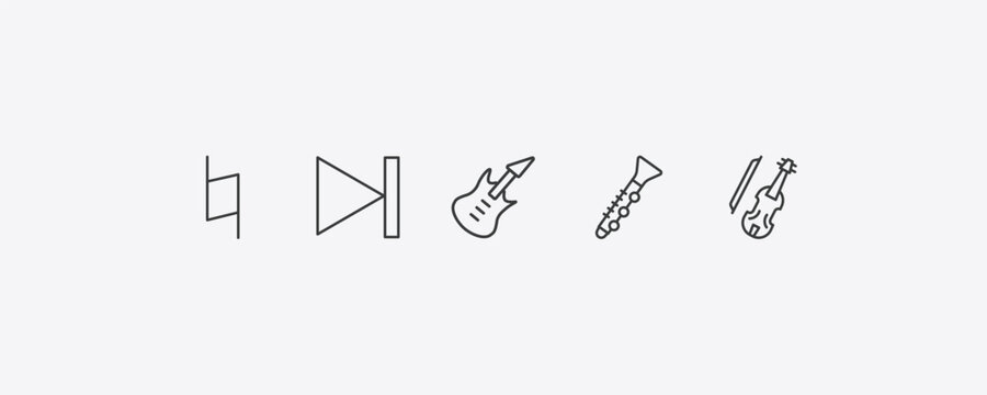 music and media outline icon set. thin line natural, skip, oboe, cello icons. editable vector