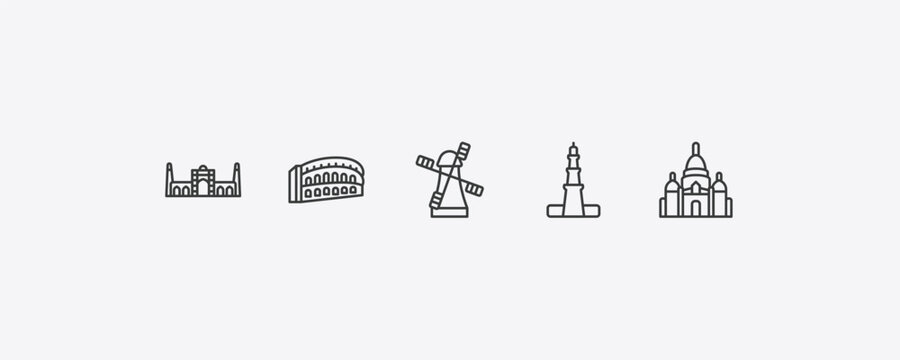 monuments outline icon set. thin line id kah mosque, pula arena, qutb minar in new delhi, icons. editable vector