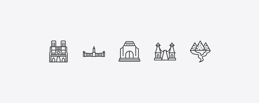 monuments outline icon set. thin line notre dame cathedral, retiro park, bridge of the west, egyptian icons. editable vector