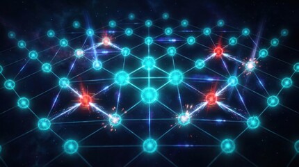 Obraz premium Digital Network Connections: A luminous abstract visualization of interconnected nodes and glowing lines, representing a complex digital network or data flow in a futuristic, dark environment.