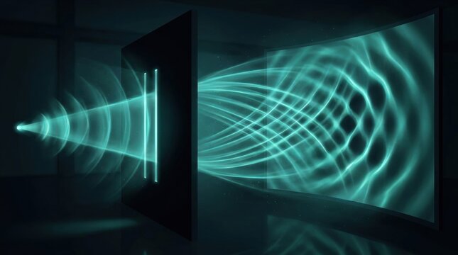 Wave Interference Visualization: An abstract visualization depicting wave interference, showcasing the propagation and interaction of light or sound waves with vibrant teal patterns.