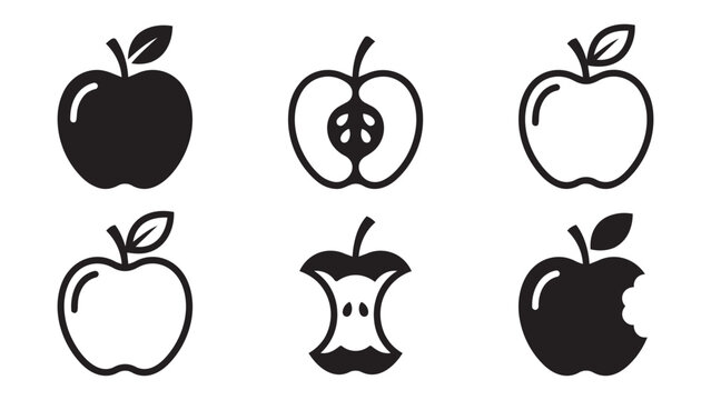 Set of black and white apple vector icons featuring various fruit states including whole half and bitten silhouettes for healthy food design and minimalist dietary